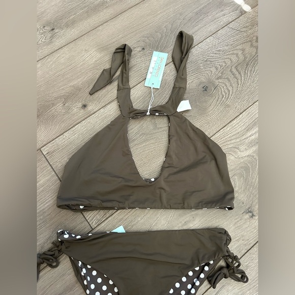 NWT San Lorenzo Bikinis Brown/White Polka Dot Bikini Size L (Reversable) - Picture 8 of 8